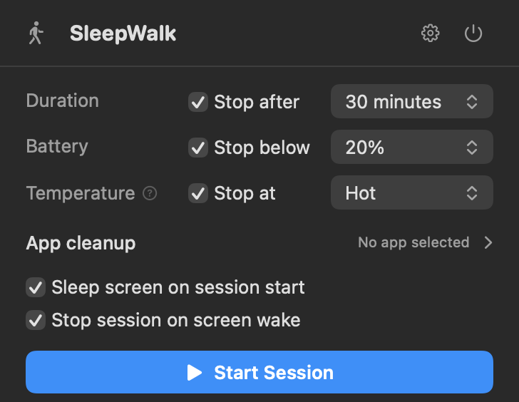 SleepWalk menu showing session duration, battery, temperature, app cleanup, and Start Session