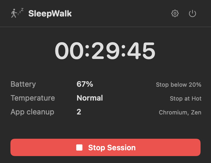 SleepWalk menu showing a running 29 minute session with battery, temperature, app cleanup, and Stop Session